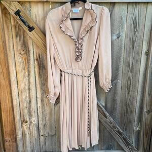Vintage Lorac Long Sleeve Belted Pleated Dress Small Pink Black